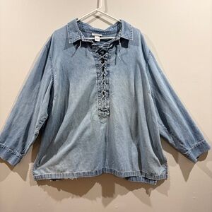 Vintage Lace-Up Denim Tunic Top Winter Layering Size 30/32 Boho